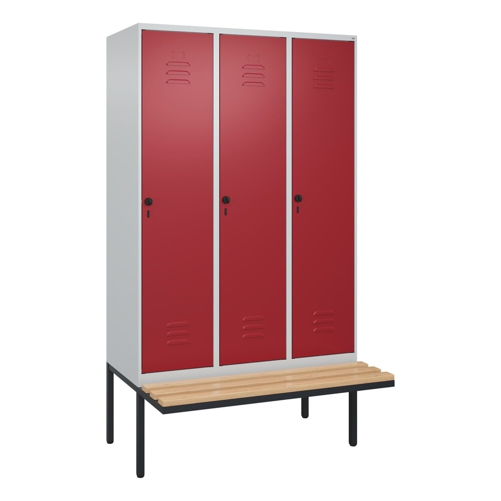 Produktabbildung Nr. 8: C+P Spind Classic PLUS, 3 Abteile, Trennwand, HxBxT 2.120 x 1.200 x 815 mm, für Vorhängeschloss, auskragende Bank aus Buche, lichtgrau, rubinrot