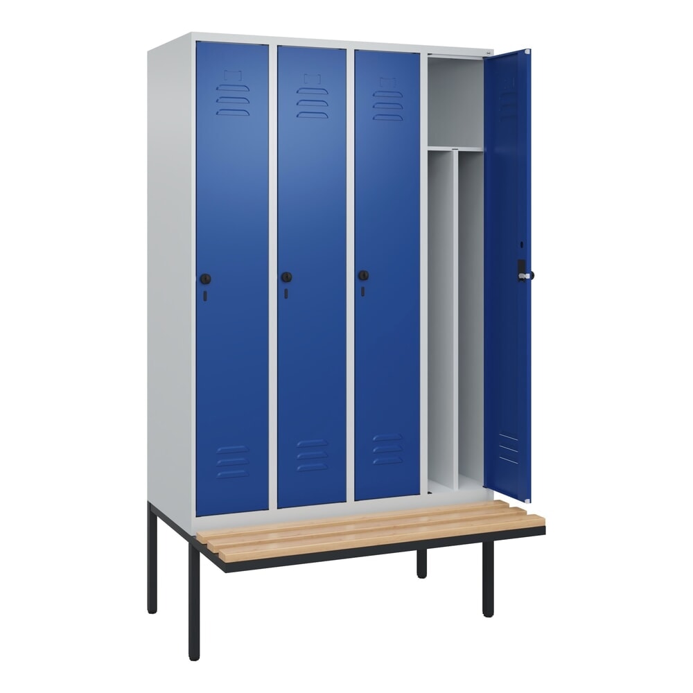 C+P Spind Classic PLUS, 4 Abteile, Trennwand, HxBxT 2.120 x 1.200 x 815 mm, für Vorhängeschloss, auskragende Bank aus Buche, lichtgrau, enzianblau Produktabbildung: C+P Spind Classic PLUS, 4 Abteile, Trennwand, HxBxT 2.120 x 1.200 x 815 mm, für Vorhängeschloss, auskragende Bank aus Buche, lichtgrau, enzianblau