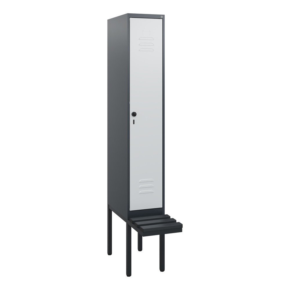 Produktabbildung: C+P Spind Classic PLUS, 1 Abteil, HxBxT 1.950 x 300 x 815 mm, für Vorhängeschloss, auskragende Bank aus Kunststoff, anthrazitgrau, lichtgrau