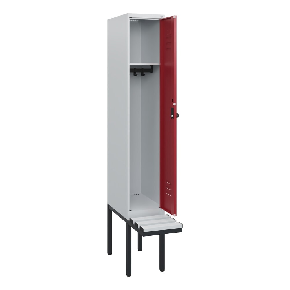 C+P Spind Classic PLUS, 1 Abteil, HxBxT 1.950 x 300 x 815 mm, für Vorhängeschloss, auskragende Bank aus Kunststoff, lichtgrau, rubinrot Produktabbildung Nr. 1: C+P Spind Classic PLUS, 1 Abteil, HxBxT 1.950 x 300 x 815 mm, für Vorhängeschloss, auskragende Bank aus Kunststoff, lichtgrau, rubinrot