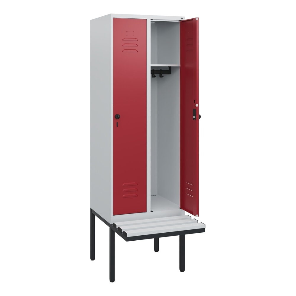 C+P Spind Classic PLUS, 2 Abteile, HxBxT 1.950 x 600 x 815 mm, für Vorhängeschloss, auskragende Bank aus Kunststoff, lichtgrau, rubinrot Produktabbildung: C+P Spind Classic PLUS, 2 Abteile, HxBxT 1.950 x 600 x 815 mm, für Vorhängeschloss, auskragende Bank aus Kunststoff, lichtgrau, rubinrot