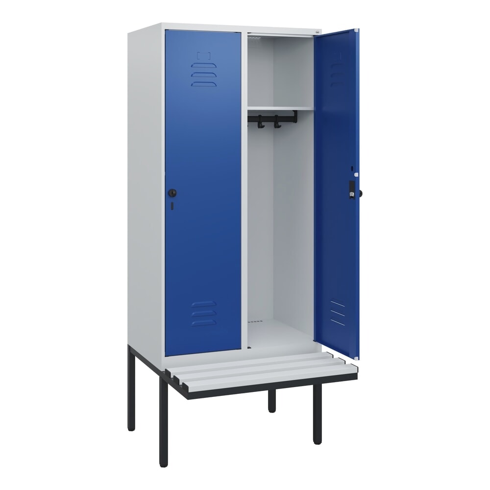 Produktabbildung: C+P Spind Classic PLUS, 2 Abteile, HxBxT 1.950 x 800 x 815 mm, für Vorhängeschloss, auskragende Bank aus Kunststoff, lichtgrau, enzianblau