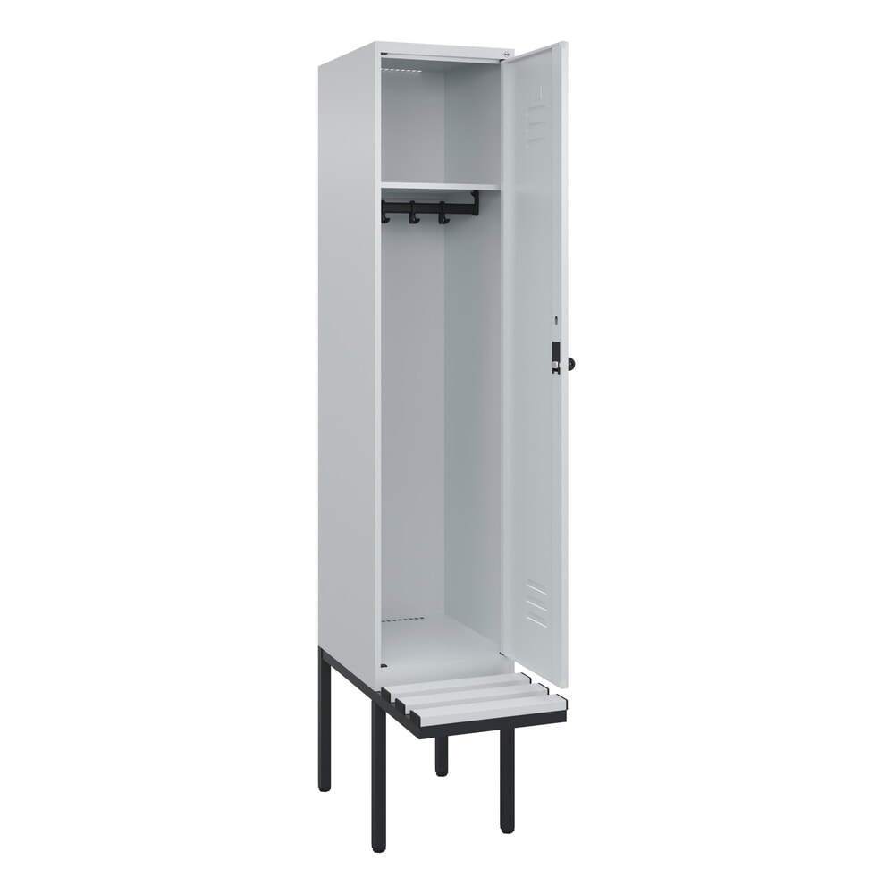 Produktabbildung: C+P Spind Classic PLUS, 1 Abteil, HxBxT 2.120 x 400 x 815 mm, für Vorhängeschloss, auskragende Bank aus Kunststoff, lichtgrau, lichtgrau