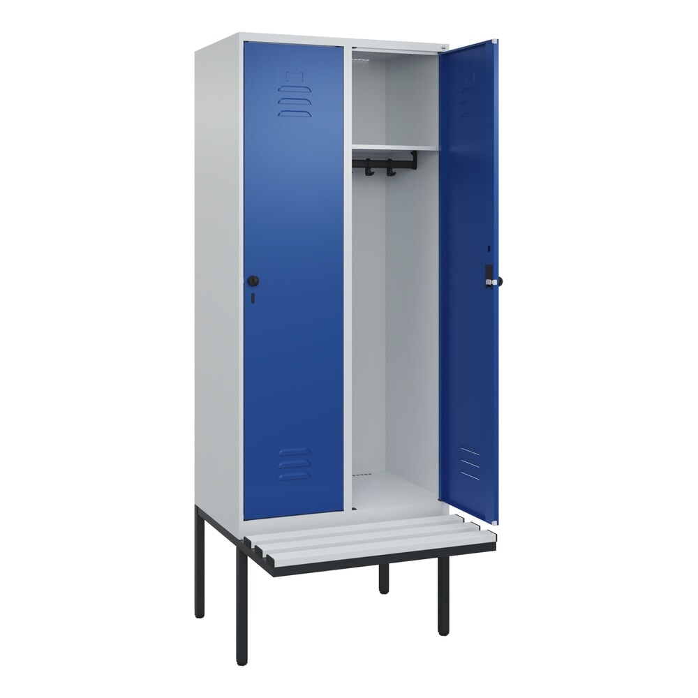 Produktabbildung: C+P Spind Classic PLUS, 2 Abteile, HxBxT 2.120 x 800 x 815 mm, für Vorhängeschloss, auskragende Bank aus Kunststoff, lichtgrau, enzianblau
