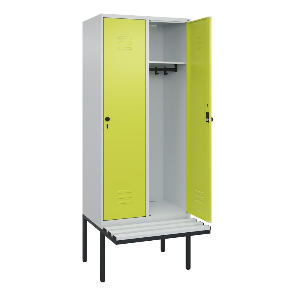 Produktabbildung: C+P Spind Classic PLUS, 2 Abteile, HxBxT 2.120 x 800 x 815 mm, für Vorhängeschloss, auskragende Bank aus Kunststoff, lichtgrau, clowngrün