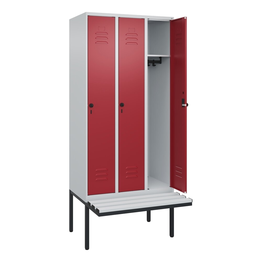 C+P Spind Classic PLUS, 3 Abteile, HxBxT 2.120 x 900 x 815 mm, für Vorhängeschloss, auskragende Bank aus Kunststoff, lichtgrau, rubinrot Produktabbildung Nr. 1: C+P Spind Classic PLUS, 3 Abteile, HxBxT 2.120 x 900 x 815 mm, für Vorhängeschloss, auskragende Bank aus Kunststoff, lichtgrau, rubinrot