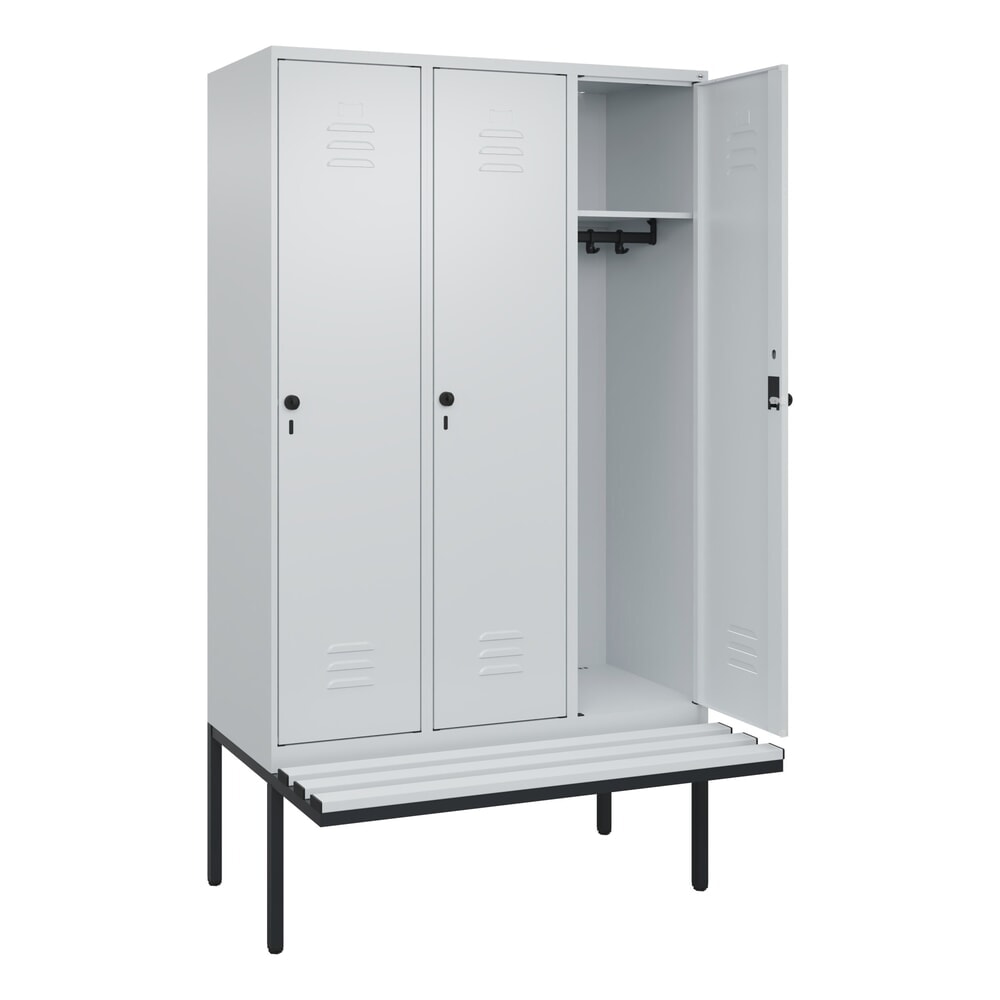 Produktabbildung: C+P Spind Classic PLUS, 3 Abteile, HxBxT 2.120 x 1.200 x 815 mm, für Vorhängeschloss, auskragende Bank aus Kunststoff, lichtgrau, lichtgrau