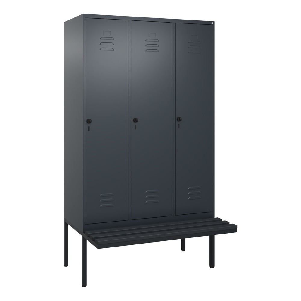 Produktabbildung: C+P Spind Classic PLUS, 3 Abteile, Trennwand, HxBxT 2.120 x 1.200 x 815 mm, für Vorhängeschloss, auskragende Bank aus Kunststoff, anthrazitgrau, anthrazitgrau