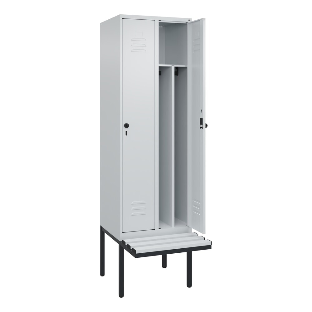 Produktabbildung: C+P Spind Classic PLUS, 2 Abteile, Trennwand, HxBxT 2.120 x 600 x 815 mm, für Vorhängeschloss, auskragende Bank aus Kunststoff, lichtgrau, lichtgrau