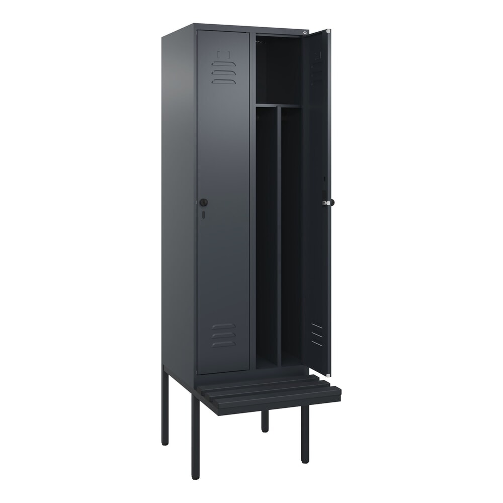 Produktabbildung: C+P Spind Classic PLUS, 2 Abteile, Trennwand, HxBxT 2.120 x 600 x 815 mm, für Vorhängeschloss, auskragende Bank aus Kunststoff, anthrazitgrau, anthrazitgrau