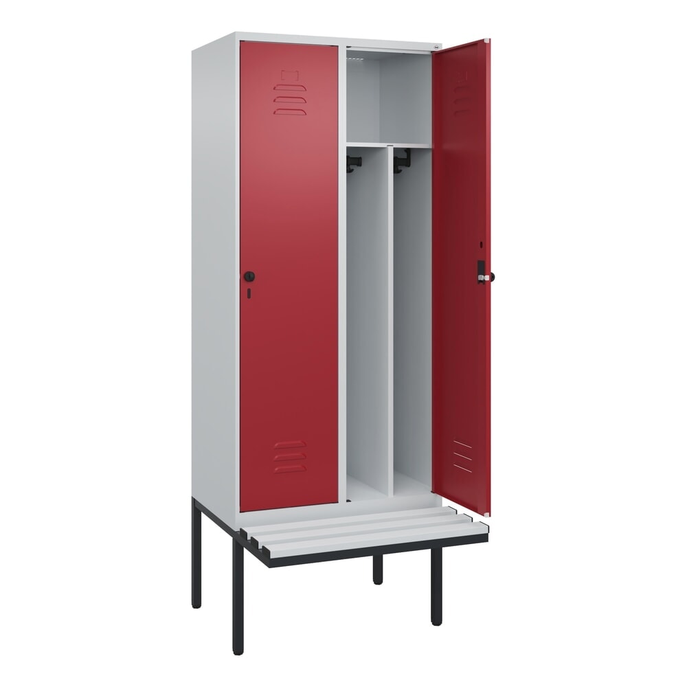 Produktabbildung: C+P Spind Classic PLUS, 2 Abteile, Trennwand, HxBxT 2.120 x 800 x 815 mm, für Vorhängeschloss, auskragende Bank aus Kunststoff, lichtgrau, rubinrot