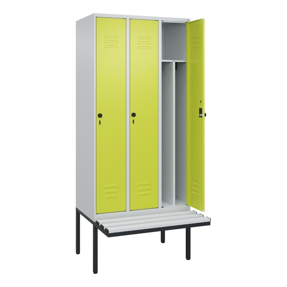 Produktabbildung: C+P Spind Classic PLUS, 3 Abteile, Trennwand, HxBxT 2.120 x 900 x 815 mm, für Vorhängeschloss, auskragende Bank aus Kunststoff, lichtgrau, clowngrün