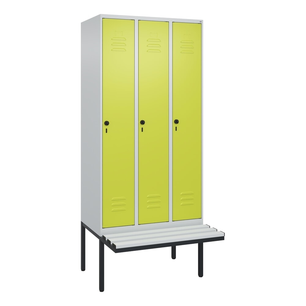 Produktabbildung Nr. 9: C+P Spind Classic PLUS, 3 Abteile, Trennwand, HxBxT 2.120 x 900 x 815 mm, für Vorhängeschloss, auskragende Bank aus Kunststoff, lichtgrau, clowngrün