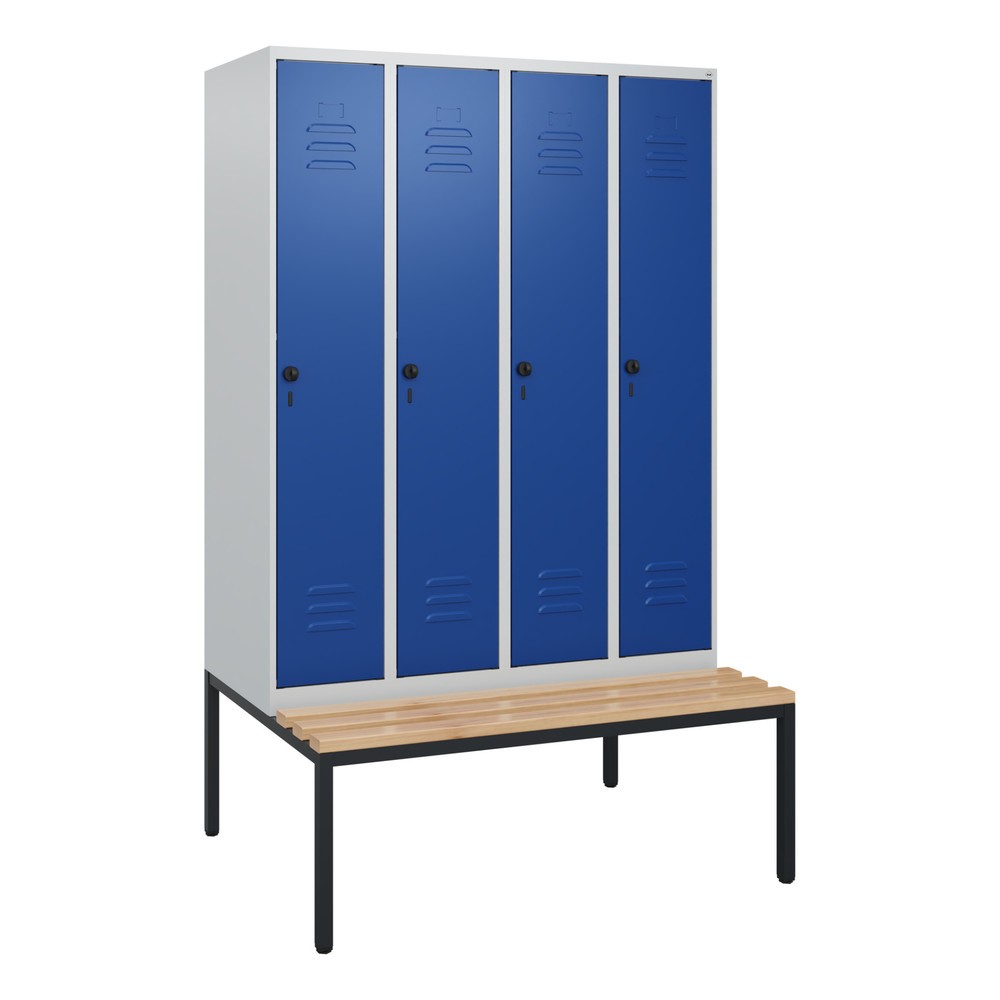 Produktabbildung: C+P Spind Classic PLUS, 4 Abteile, HxBxT 1.950 x 1.200 x 815 mm, für Vorhängeschloss, untergebaute Bank aus Buche, lichtgrau, enzianblau