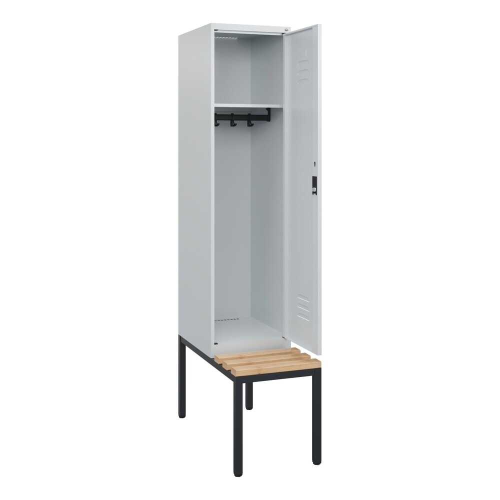 Produktabbildung: C+P Spind Classic PLUS, 1 Abteil, HxBxT 1.950 x 400 x 815 mm, für Vorhängeschloss, untergebaute Bank aus Buche, lichtgrau, lichtgrau