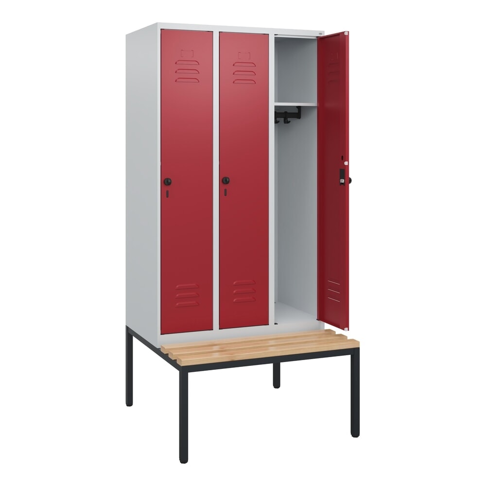 Produktabbildung: C+P Spind Classic PLUS, 3 Abteile, HxBxT 1.950 x 900 x 815 mm, für Vorhängeschloss, untergebaute Bank aus Buche, lichtgrau, rubinrot