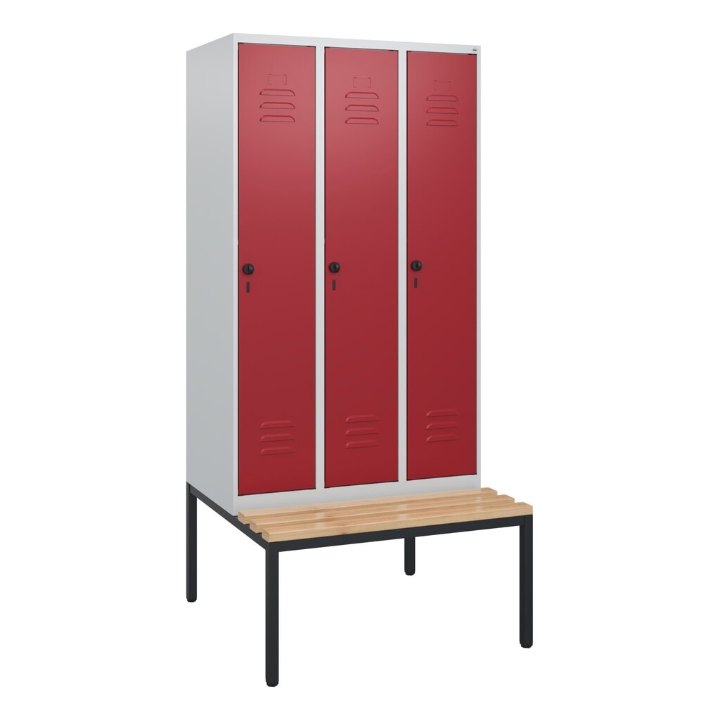 Produktabbildung Nr. 8: C+P Spind Classic PLUS, 3 Abteile, HxBxT 1.950 x 900 x 815 mm, für Vorhängeschloss, untergebaute Bank aus Buche, lichtgrau, rubinrot