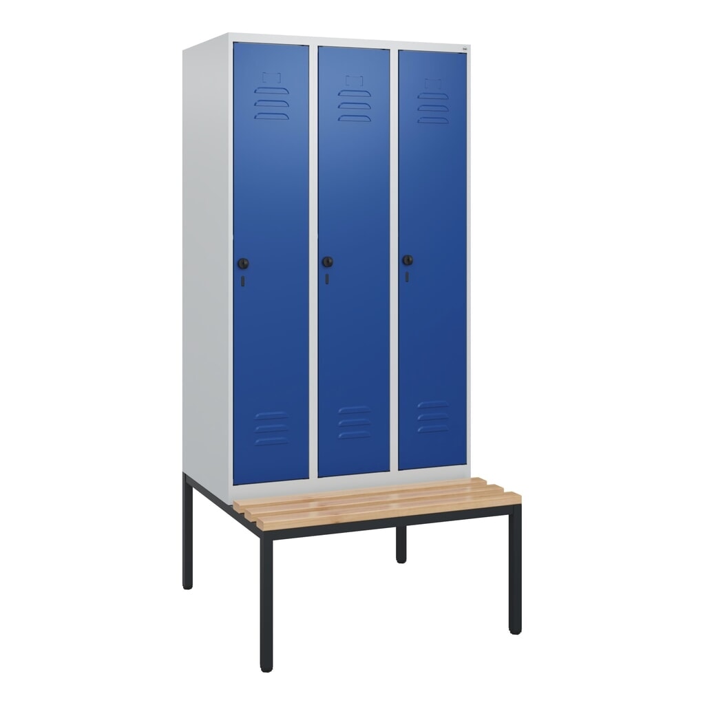 Produktabbildung Nr. 9: C+P Spind Classic PLUS, 3 Abteile, HxBxT 1.950 x 900 x 815 mm, für Vorhängeschloss, untergebaute Bank aus Buche, lichtgrau, enzianblau