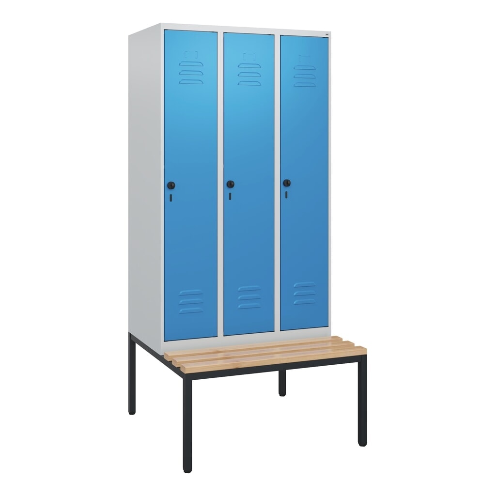 Produktabbildung Nr. 9: C+P Spind Classic PLUS, 3 Abteile, HxBxT 1.950 x 900 x 815 mm, für Vorhängeschloss, untergebaute Bank aus Buche, lichtgrau, lichtblau