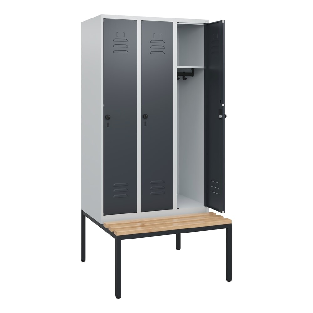 Produktabbildung: C+P Spind Classic PLUS, 3 Abteile, HxBxT 1.950 x 900 x 815 mm, für Vorhängeschloss, untergebaute Bank aus Buche, lichtgrau, anthrazitgrau