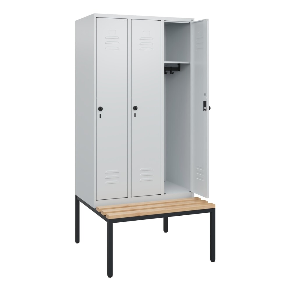 Produktabbildung: C+P Spind Classic PLUS, 3 Abteile, HxBxT 1.950 x 900 x 815 mm, für Vorhängeschloss, untergebaute Bank aus Buche, lichtgrau, lichtgrau