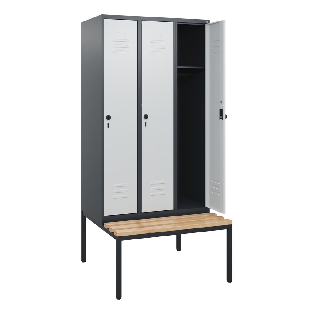 C+P Spind Classic PLUS, 3 Abteile, HxBxT 1.950 x 900 x 815 mm, für Vorhängeschloss, untergebaute Bank aus Buche, anthrazitgrau, lichtgrau Produktabbildung Nr. 1: C+P Spind Classic PLUS, 3 Abteile, HxBxT 1.950 x 900 x 815 mm, für Vorhängeschloss, untergebaute Bank aus Buche, anthrazitgrau, lichtgrau