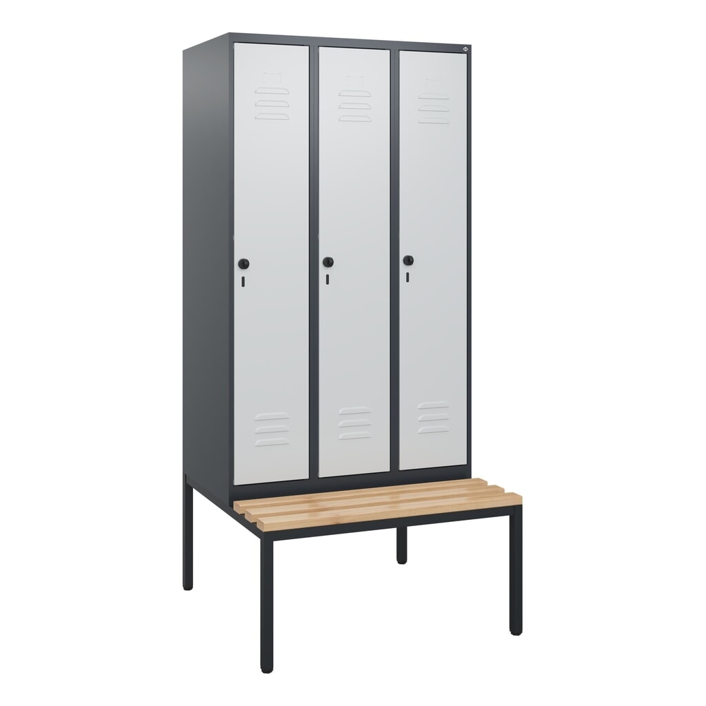 Produktabbildung Nr. 9: C+P Spind Classic PLUS, 3 Abteile, HxBxT 1.950 x 900 x 815 mm, für Vorhängeschloss, untergebaute Bank aus Buche, anthrazitgrau, lichtgrau