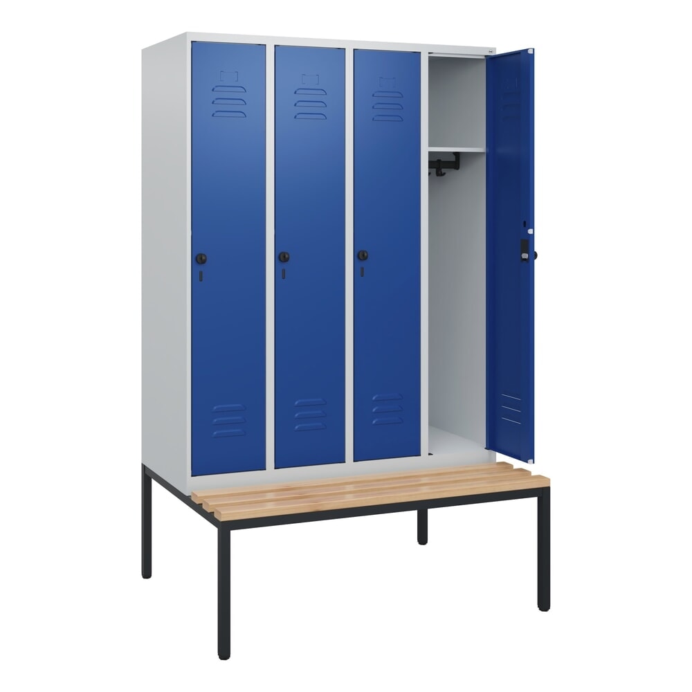 C+P Spind Classic PLUS, 4 Abteile, HxBxT 1.950 x 1.200 x 815 mm, für Vorhängeschloss, untergebaute Bank aus Buche, lichtgrau, enzianblau Produktabbildung: C+P Spind Classic PLUS, 4 Abteile, HxBxT 1.950 x 1.200 x 815 mm, für Vorhängeschloss, untergebaute Bank aus Buche, lichtgrau, enzianblau