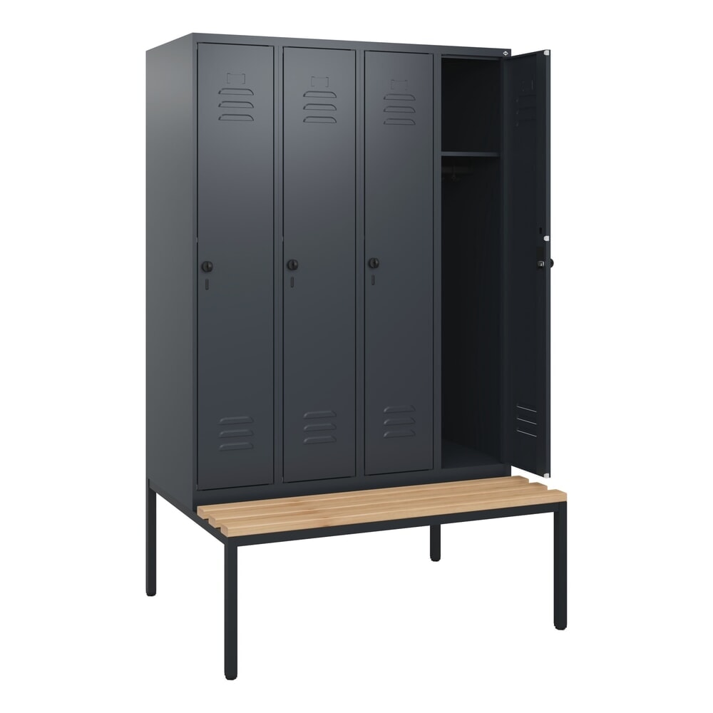Produktabbildung Nr. 1: C+P Spind Classic PLUS, 4 Abteile, HxBxT 1.950 x 1.200 x 815 mm, für Vorhängeschloss, untergebaute Bank aus Buche, anthrazitgrau, anthrazitgrau