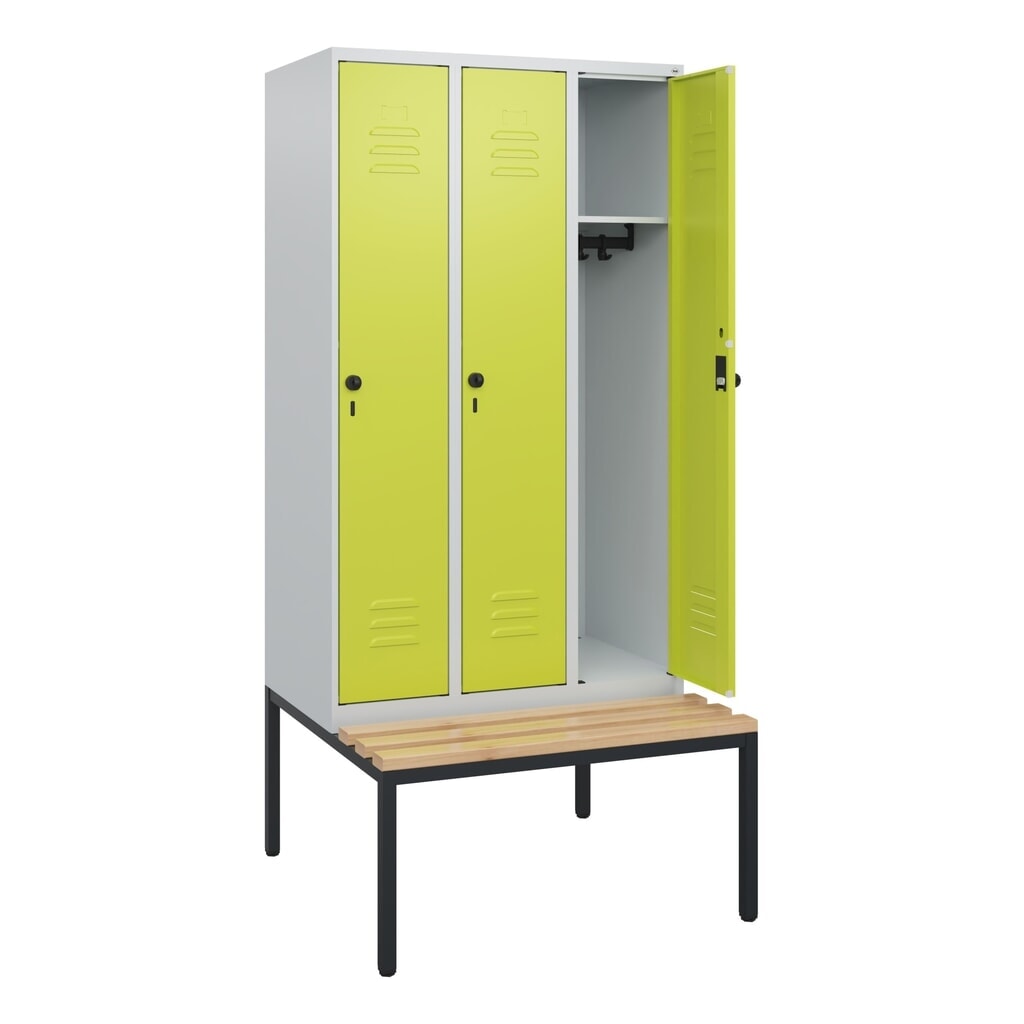 C+P Spind Classic PLUS, 3 Abteile, HxBxT 1.950 x 900 x 815 mm, für Vorhängeschloss, untergebaute Bank aus Buche, lichtgrau, clowngrün Produktabbildung Nr. 1: C+P Spind Classic PLUS, 3 Abteile, HxBxT 1.950 x 900 x 815 mm, für Vorhängeschloss, untergebaute Bank aus Buche, lichtgrau, clowngrün