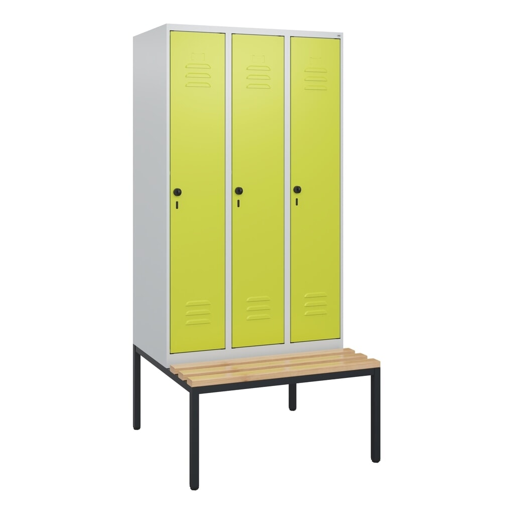 Produktabbildung Nr. 9: C+P Spind Classic PLUS, 3 Abteile, HxBxT 1.950 x 900 x 815 mm, für Vorhängeschloss, untergebaute Bank aus Buche, lichtgrau, clowngrün