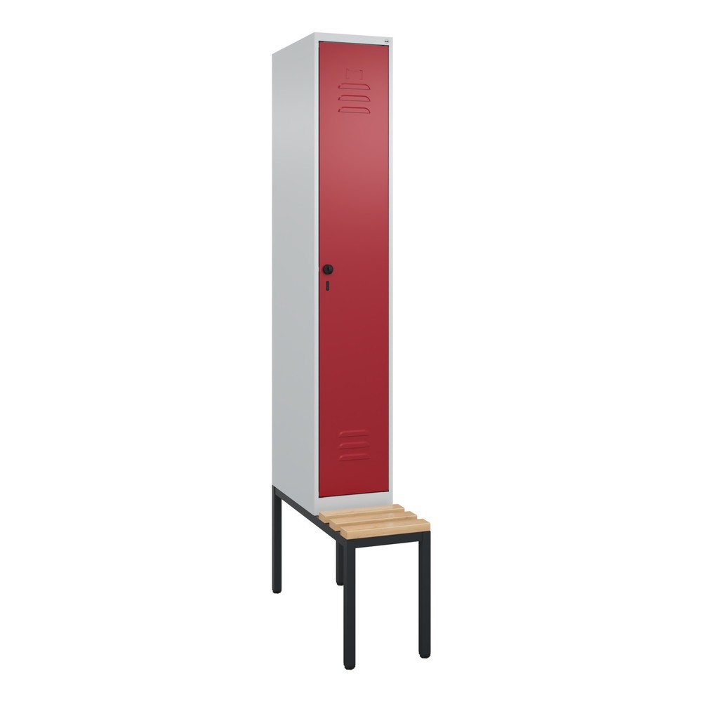 Produktabbildung: C+P Spind Classic PLUS, 1 Abteil, HxBxT 2.120 x 300 x 815 mm, für Vorhängeschloss, untergebaute Bank aus Buche, lichtgrau, rubinrot