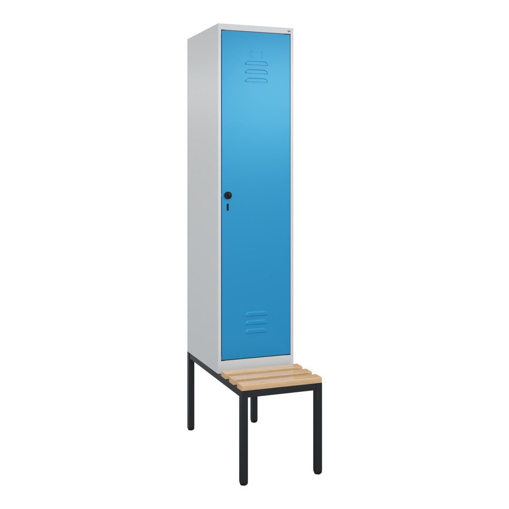 Produktabbildung: C+P Spind Classic PLUS, 1 Abteil, HxBxT 2.120 x 400 x 815 mm, für Vorhängeschloss, untergebaute Bank aus Buche, lichtgrau, lichtblau