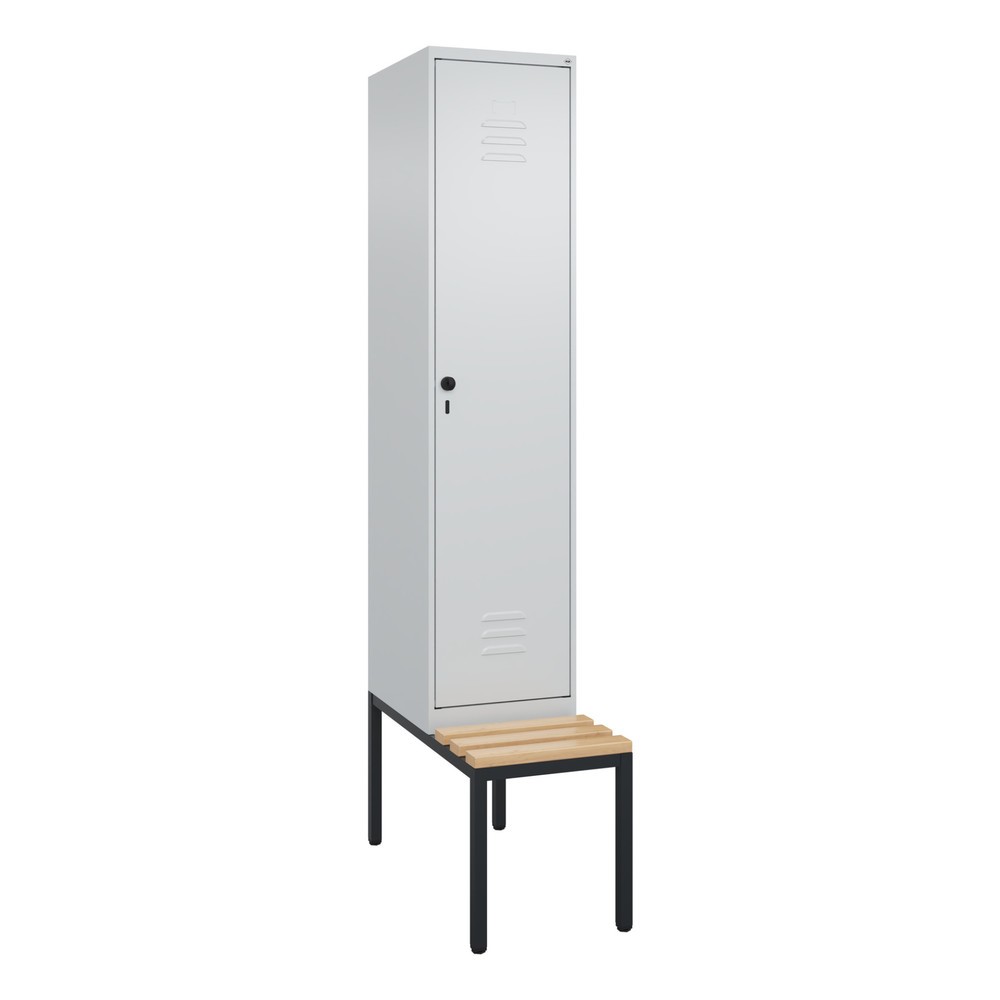 Produktabbildung: C+P Spind Classic PLUS, 1 Abteil, HxBxT 2.120 x 400 x 815 mm, für Vorhängeschloss, untergebaute Bank aus Buche, lichtgrau, lichtgrau
