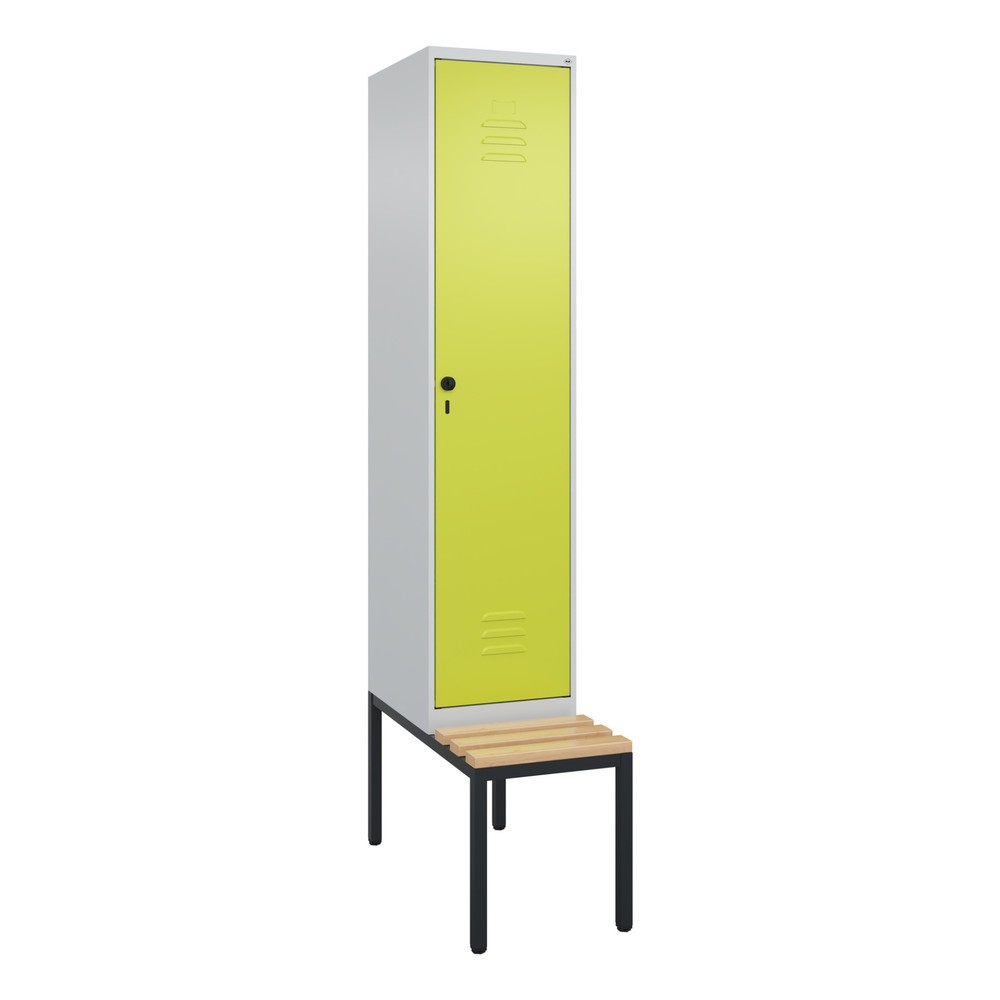 Produktabbildung: C+P Spind Classic PLUS, 1 Abteil, HxBxT 2.120 x 400 x 815 mm, für Vorhängeschloss, untergebaute Bank aus Buche, lichtgrau, clowngrün