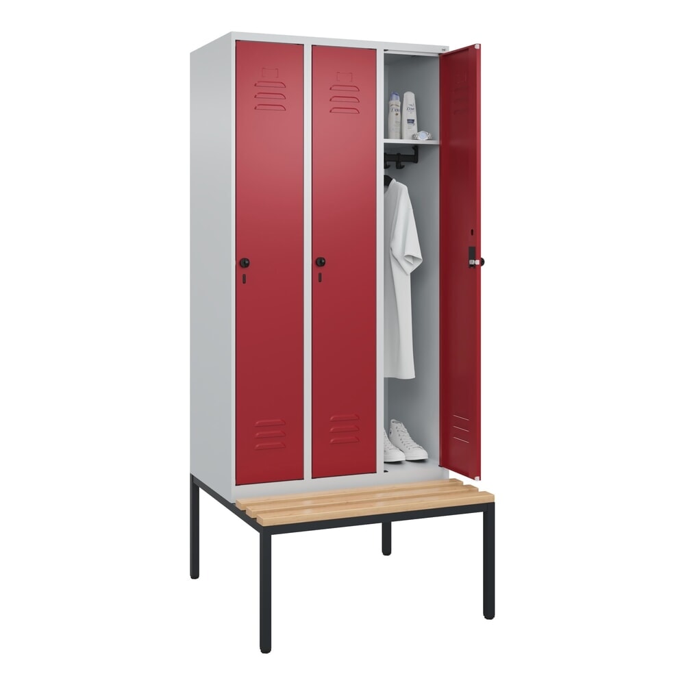 Produktabbildung Nr. 9: C+P Spind Classic PLUS, 3 Abteile, HxBxT 2.120 x 900 x 815 mm, für Vorhängeschloss, untergebaute Bank aus Buche, lichtgrau, rubinrot