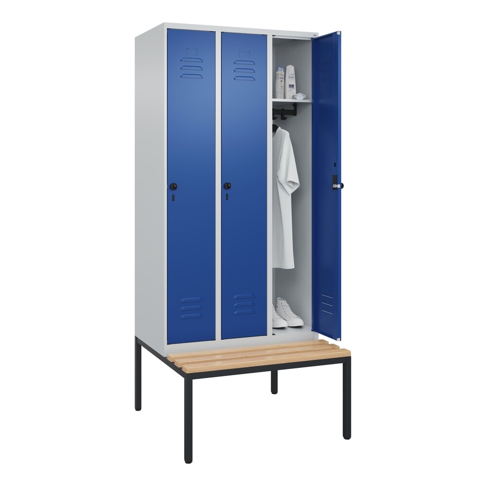 Produktabbildung Nr. 10: C+P Spind Classic PLUS, 3 Abteile, HxBxT 2.120 x 900 x 815 mm, für Vorhängeschloss, untergebaute Bank aus Buche, lichtgrau, enzianblau