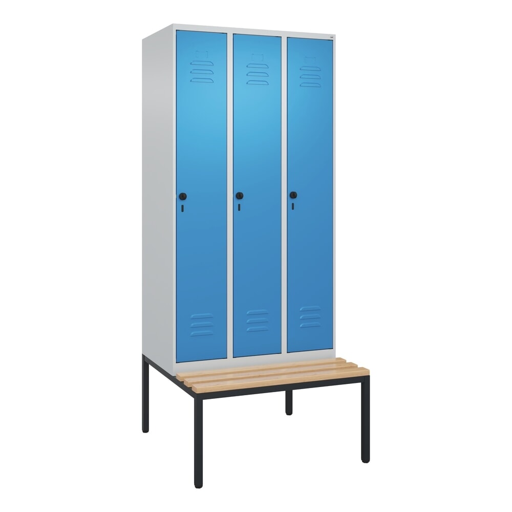 Produktabbildung Nr. 9: C+P Spind Classic PLUS, 3 Abteile, HxBxT 2.120 x 900 x 815 mm, für Vorhängeschloss, untergebaute Bank aus Buche, lichtgrau, lichtblau