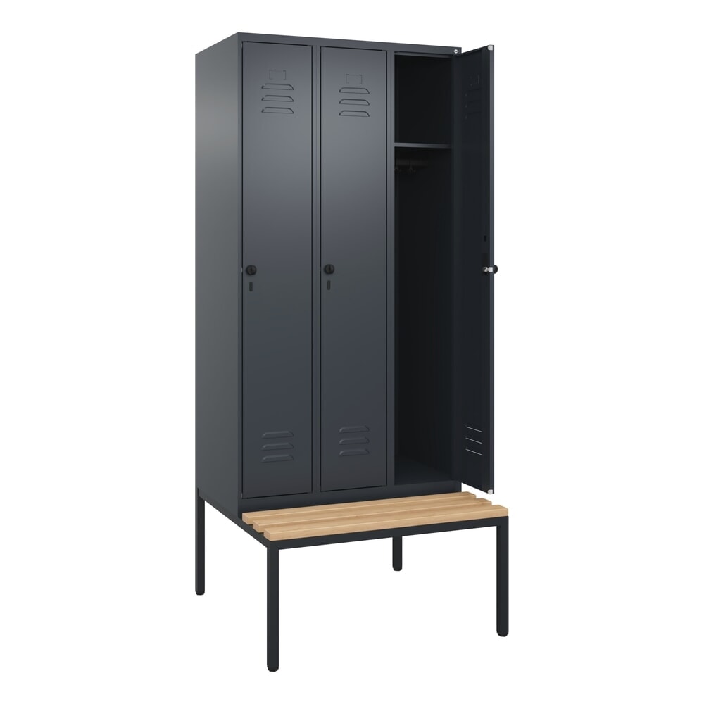 Produktabbildung: C+P Spind Classic PLUS, 3 Abteile, HxBxT 2.120 x 900 x 815 mm, für Vorhängeschloss, untergebaute Bank aus Buche, anthrazitgrau, anthrazitgrau
