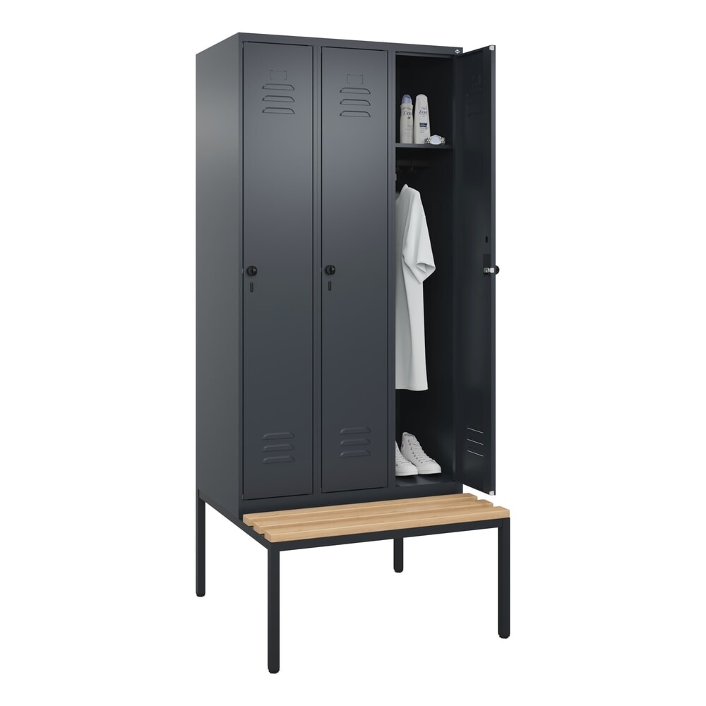Produktabbildung Nr. 10: C+P Spind Classic PLUS, 3 Abteile, HxBxT 2.120 x 900 x 815 mm, für Vorhängeschloss, untergebaute Bank aus Buche, anthrazitgrau, anthrazitgrau