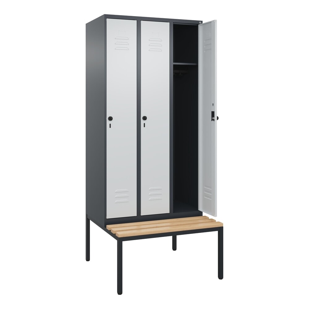 Produktabbildung: C+P Spind Classic PLUS, 3 Abteile, HxBxT 2.120 x 900 x 815 mm, für Vorhängeschloss, untergebaute Bank aus Buche, anthrazitgrau, lichtgrau