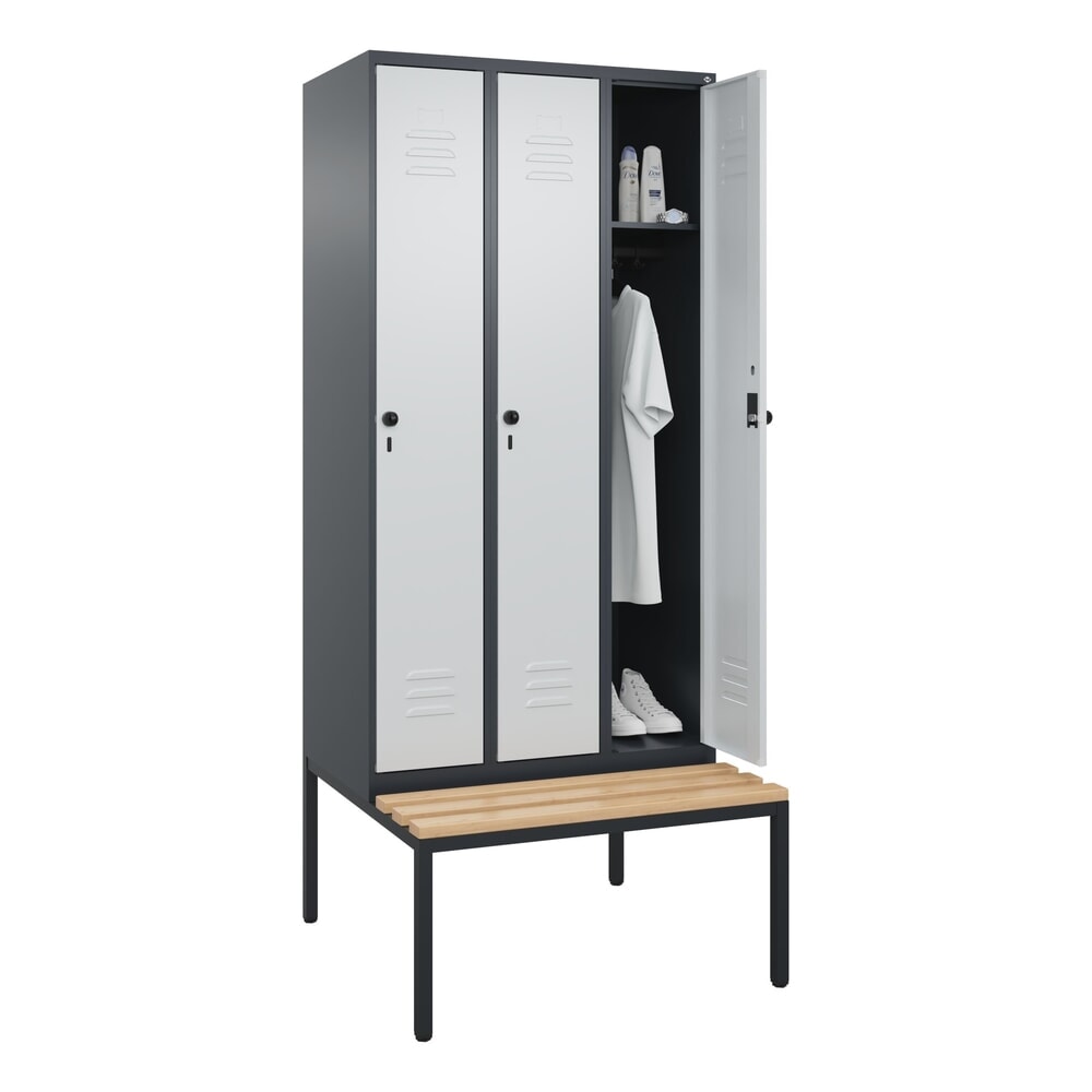 Produktabbildung Nr. 10: C+P Spind Classic PLUS, 3 Abteile, HxBxT 2.120 x 900 x 815 mm, für Vorhängeschloss, untergebaute Bank aus Buche, anthrazitgrau, lichtgrau