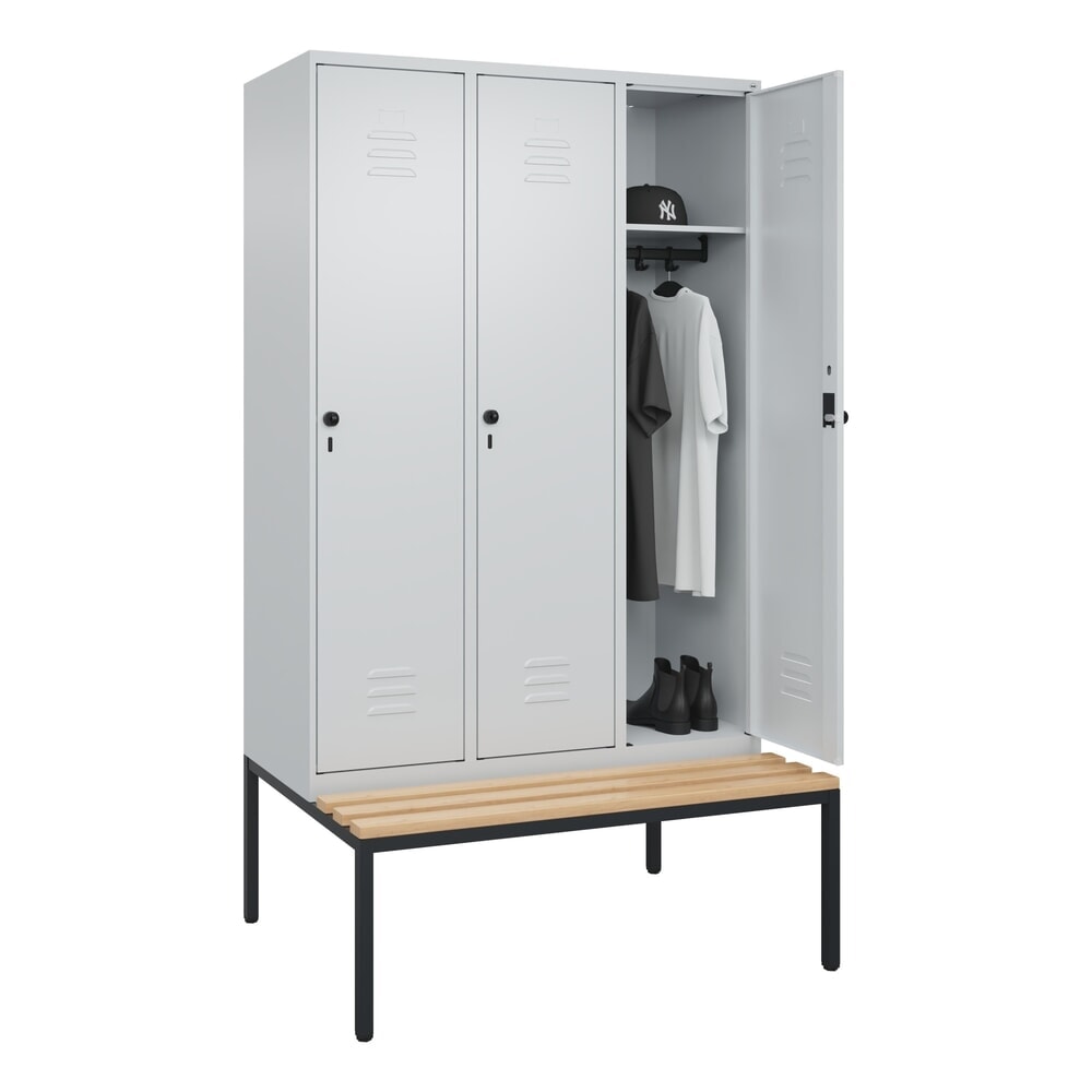 Produktabbildung Nr. 10: C+P Spind Classic PLUS, 3 Abteile, HxBxT 2.120 x 1.200 x 815 mm, für Vorhängeschloss, untergebaute Bank aus Buche, lichtgrau, lichtgrau