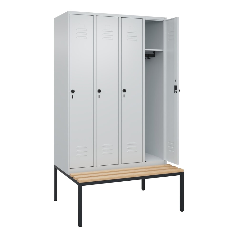 Produktabbildung Nr. 1: C+P Spind Classic PLUS, 4 Abteile, HxBxT 2.120 x 1.200 x 815 mm, für Vorhängeschloss, untergebaute Bank aus Buche, lichtgrau, lichtgrau