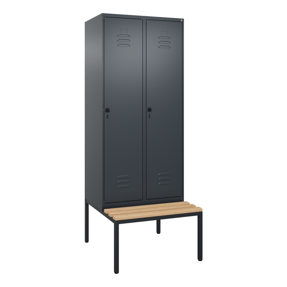 Produktabbildung: C+P Spind Classic PLUS, 2 Abteile, Trennwand, HxBxT 2.120 x 800 x 815 mm, für Vorhängeschloss, Trennwand, untergebaute Bank aus Buche, anthrazitgrau, anthrazitgrau