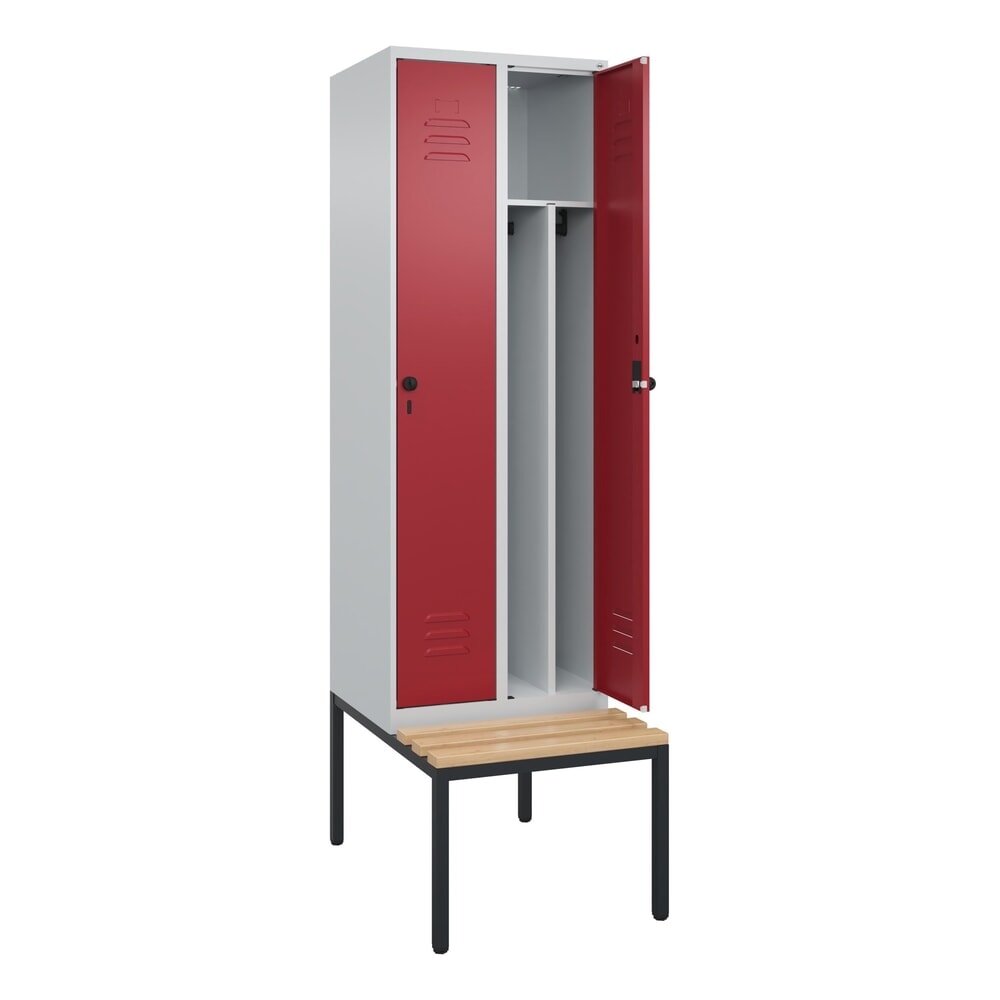 Produktabbildung: C+P Spind Classic PLUS, 2 Abteile, Trennwand, HxBxT 2.120 x 600 x 815 mm, für Vorhängeschloss, Trennwand, untergebaute Bank aus Buche, lichtgrau, rubinrot