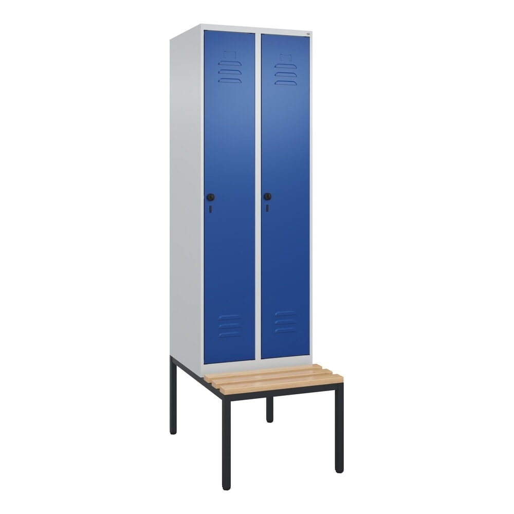 Produktabbildung Nr. 9: C+P Spind Classic PLUS, 2 Abteile, Trennwand, HxBxT 2.120 x 600 x 815 mm, für Vorhängeschloss, Trennwand, untergebaute Bank aus Buche, lichtgrau, enzianblau