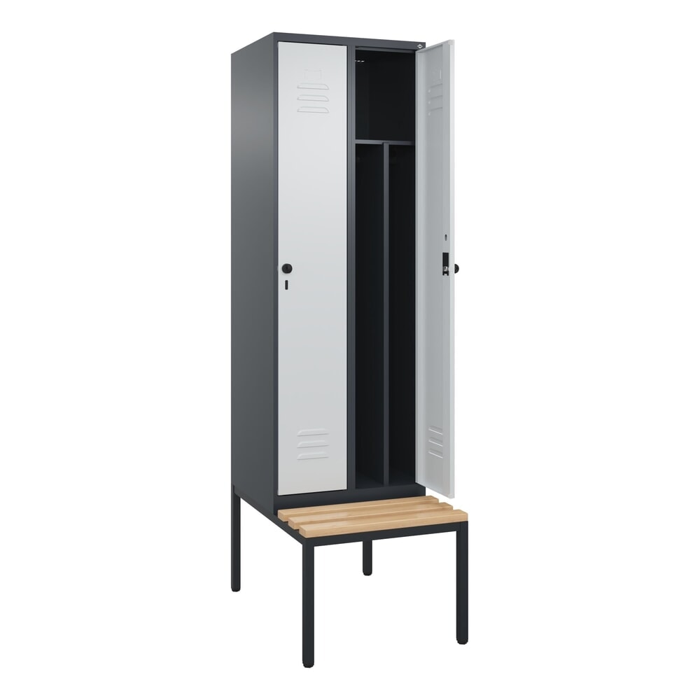 Produktabbildung: C+P Spind Classic PLUS, 2 Abteile, Trennwand, HxBxT 2.120 x 600 x 815 mm, für Vorhängeschloss, Trennwand, untergebaute Bank aus Buche, anthrazitgrau, lichtgrau