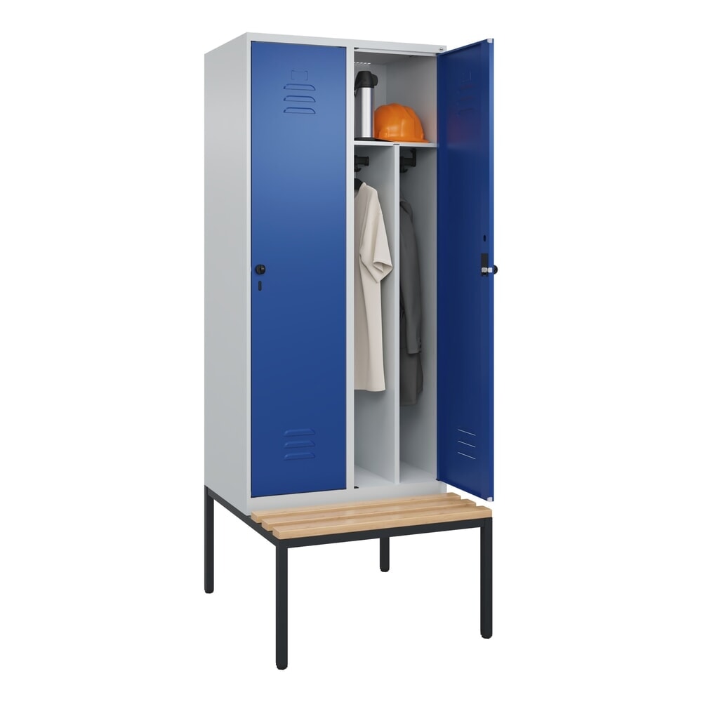 Produktabbildung Nr. 10: C+P Spind Classic PLUS, 2 Abteile, Trennwand, HxBxT 2.120 x 800 x 815 mm, für Vorhängeschloss, Trennwand, untergebaute Bank aus Buche, lichtgrau, enzianblau