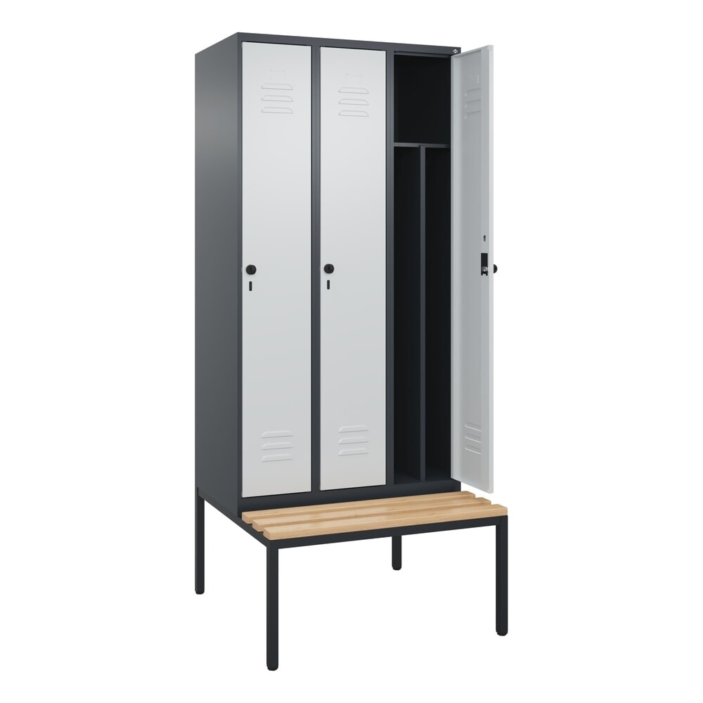 Produktabbildung: C+P Spind Classic PLUS, 3 Abteile, Trennwand, HxBxT 2.120 x 900 x 815 mm, für Vorhängeschloss, Trennwand, untergebaute Bank aus Buche, anthrazitgrau, lichtgrau